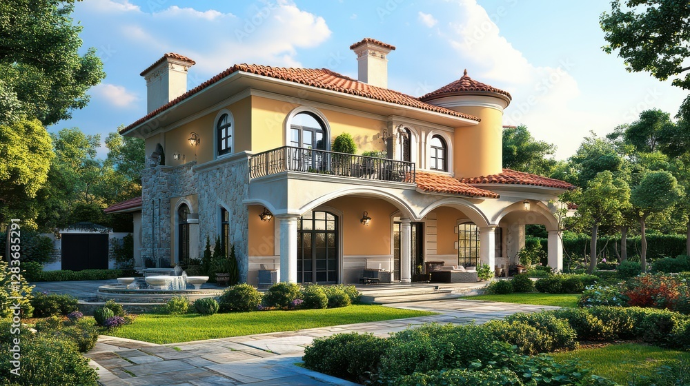 Mediterranean style villa with lush garden and stone facade Mediterranean style villa with lush garden and stone facade