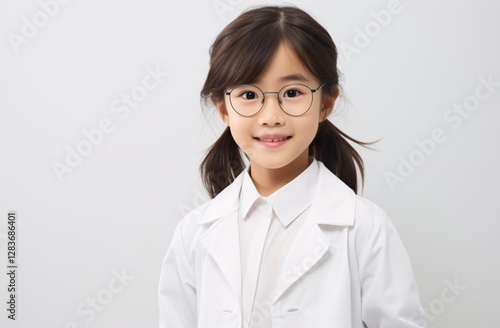 a girl wearing glasses and a white coat photo