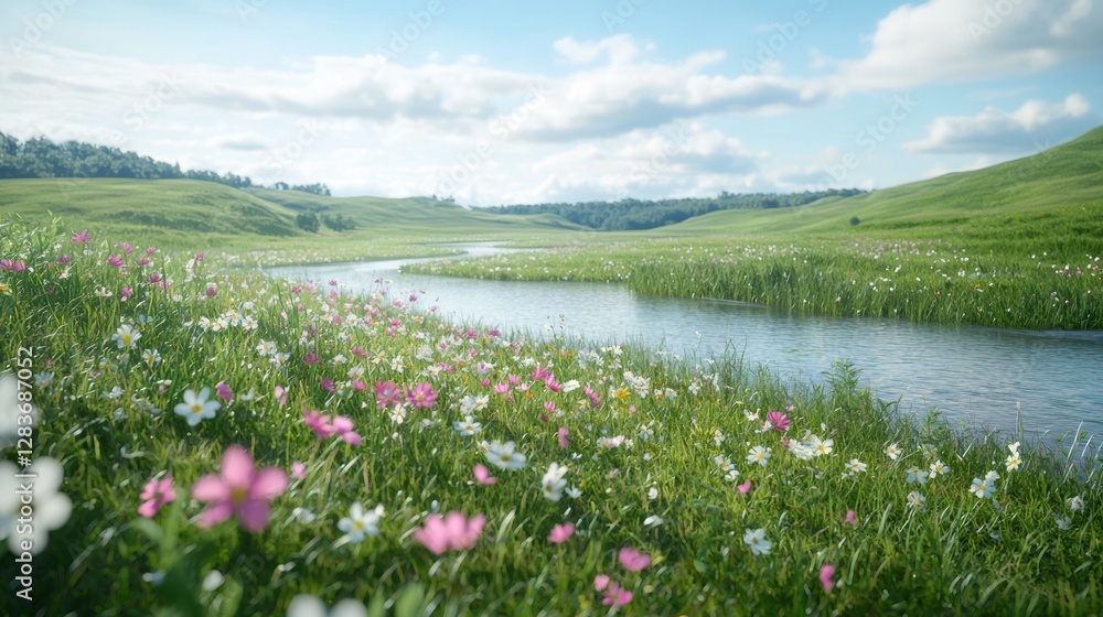 A Serene River Meandering Through Lush Green Fields Symbolizing Fertility and Renewal After Rainfall A Serene River Meandering Through Lush Green Fields Symbolizing Fertility and Renewal After Rainfall