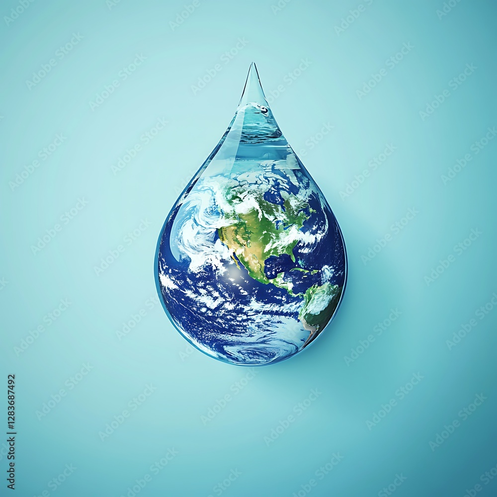 Fototapeta premium Earth Encapsulated in Water Drop Digital Art with Blue Background