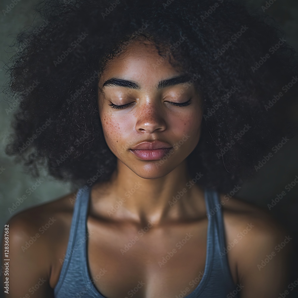 Serene Woman Meditating: Close-up Portrait with Curly Hair Serene Woman Meditating: Close-up Portrait with Curly Hair