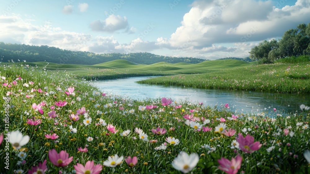 The Serene Beauty of a River Overflowing with Flowers after a Refreshing Rain Shower The Serene Beauty of a River Overflowing with Flowers after a Refreshing Rain Shower