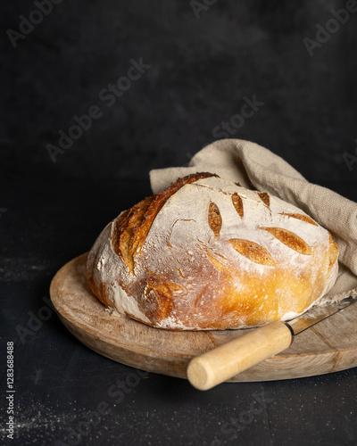 A homebaked artisan sourdough bread with scoring leaves on a round cutting board with teacloth next to a bread knife. photo