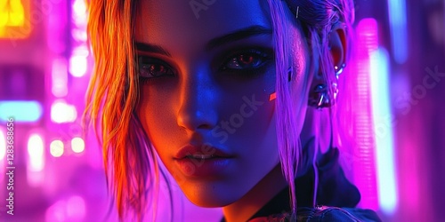 A cyberpunk woman with blonde hair and black eyes photo