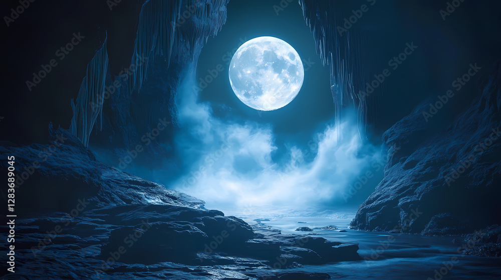 Mystical moonlit cavern reveals a forgotten world of magic and wonder. Portal to Forgotten Worlds. Illustration Mystical moonlit cavern reveals a forgotten world of magic and wonder. Portal to Forgotten Worlds. Illustration