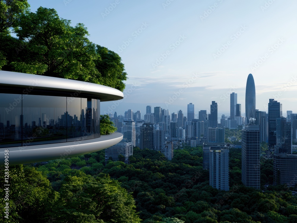 Naklejka premium Modern architecture with greenery overlooking a city skyline.