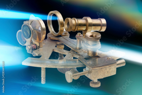 old nautical sextant with optics isolated on colored background