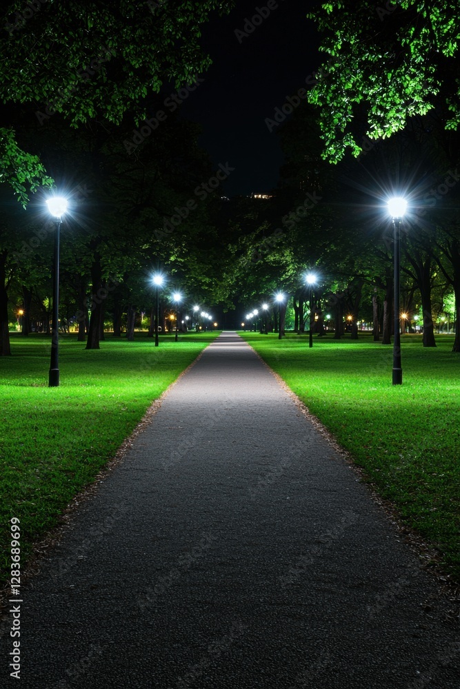 Serene park pathway illuminated by streetlights at night. Serene park pathway illuminated by streetlights at night.