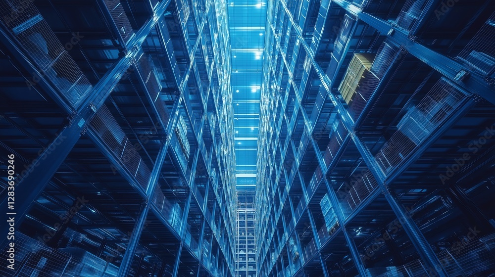 Bottom-up view of a large distribution warehouse with towering shelves, dark blue background, wireframe detailing, and ample space for copy. Ideal for industrial or logistics designs.