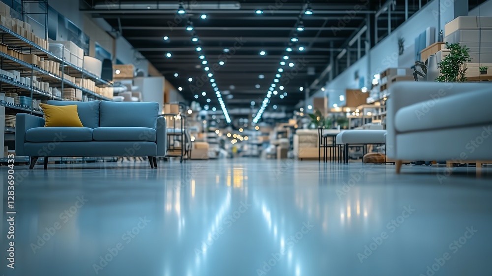 Naklejka premium A blurred, minimalistic background of a furniture warehouse with soft colors, clean open space, and a gentle depth of field effect to create a calm, clutter-free look.