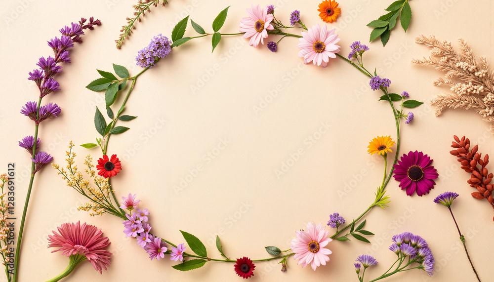 Minimalist floral wreath arrangement on neutral background, party, invitation, bachelorette party invitation, wedding, anniversary, background, copy space Minimalist floral wreath arrangement on neutral background, party, invitation, bachelorette party invitation, wedding, anniversary, background, copy space