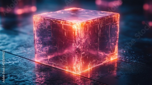 Luminous cube with intricate details, representing technology and innovation