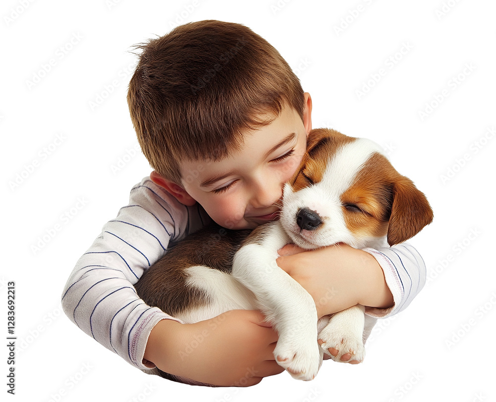 Adorable little boy hugging a cute puppy with love, isolated on transparent cutout background Adorable little boy hugging a cute puppy with love, isolated on transparent cutout background