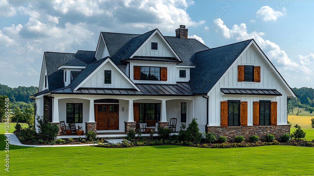 Spacious Farmhouse Exterior With White Walls And Dark Roof Spacious Farmhouse Exterior With White Walls And Dark Roof