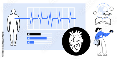 Medical analysis of human body data with ECG graph. Woman holding scientific model, icon of knowledge and planets. Ideal for healthcare, science, research, technology, education, data analysis