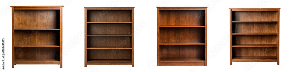 Elegant and minimalist wooden bookshelves or bookcases with various arrangements of decorative items plants and books displayed in a classic traditional interior design setting Elegant and minimalist wooden bookshelves or bookcases with various arrangements of decorative items plants and books displayed in a classic traditional interior design setting