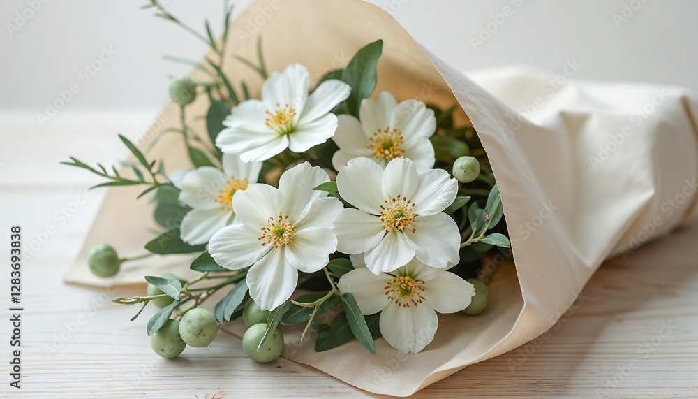 Fresh bouquet of white flowers and greenery wrapped in paper on a light wooden background Fresh bouquet of white flowers and greenery wrapped in paper on a light wooden background