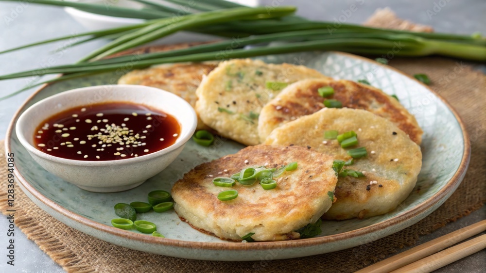 Savoring korean mung bean pancakes (bindaetteok) with dipping sauce a culinary delight at home Savoring korean mung bean pancakes (bindaetteok) with dipping sauce a culinary delight at home