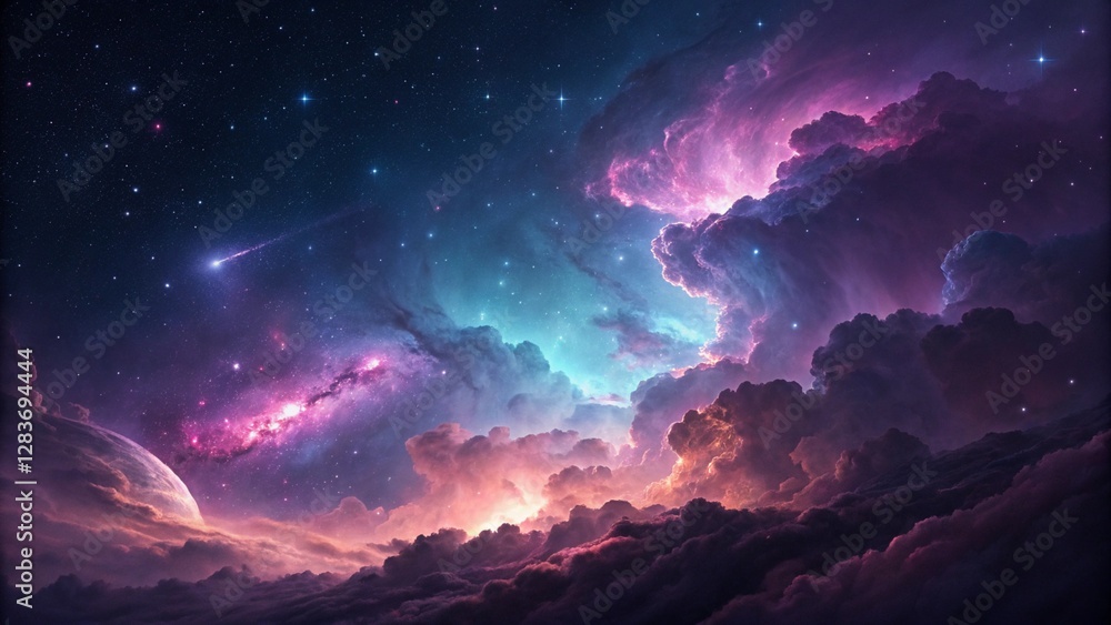 Naklejka premium Vibrant cosmic scene with swirling nebulae and distant stars, painted in hues of purple, blue, and orange, perfect for space and fantasy themed backgrounds