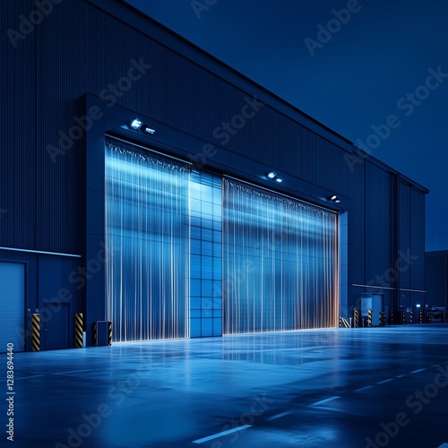 Food industrial warehouse with PVC curtain, dark blue background, low poly wireframe lines, and clean design focused on copy space.