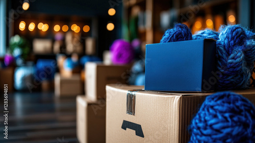 A modern craft workspace showcases neatly stacked boxed goods alongside colorful yarn balls, embodying creativity and organization in a tranquil and inspiring environment. photo