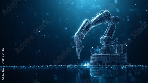 Industry 4.0 double exposure concept showcasing 3D printing, automation, robotic arm, and autonomous industrial technology with futuristic low poly wireframe design.