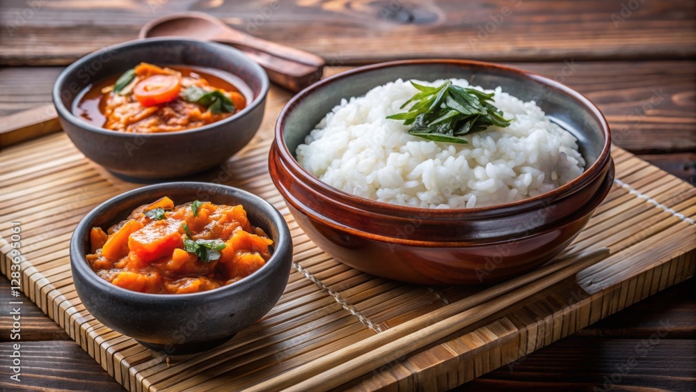 Enjoying steamed white rice with doenjang a culinary journey into korean cuisine traditional kitchen food photography flavorful experience Enjoying steamed white rice with doenjang a culinary journey into korean cuisine traditional kitchen food photography flavorful experience