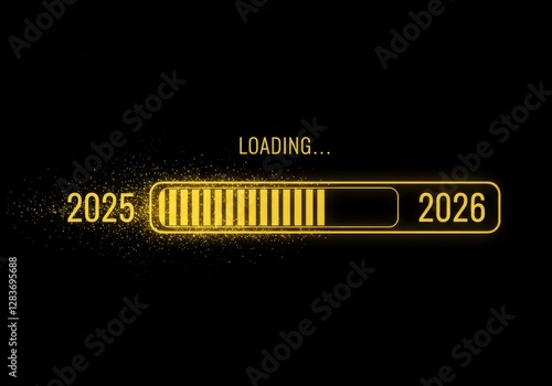 2025 to 2026 loading bar progress new year transition countdown future concept digital progress bar on black background