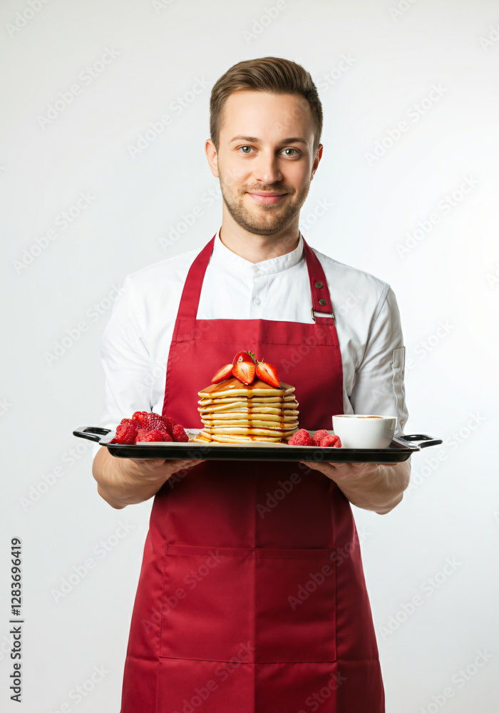 Chef Holding Pancake Stack Strawberries Coffee Red Apron Chef Holding Pancake Stack Strawberries Coffee Red Apron