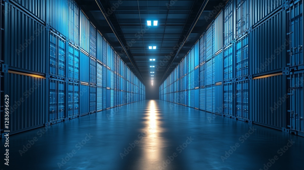 Fototapeta premium 3D-rendered abstract storage cargo scene, featuring glowing blue warehouse with neatly stacked shipping containers, soft shadows, and professional composition for advertising purposes.