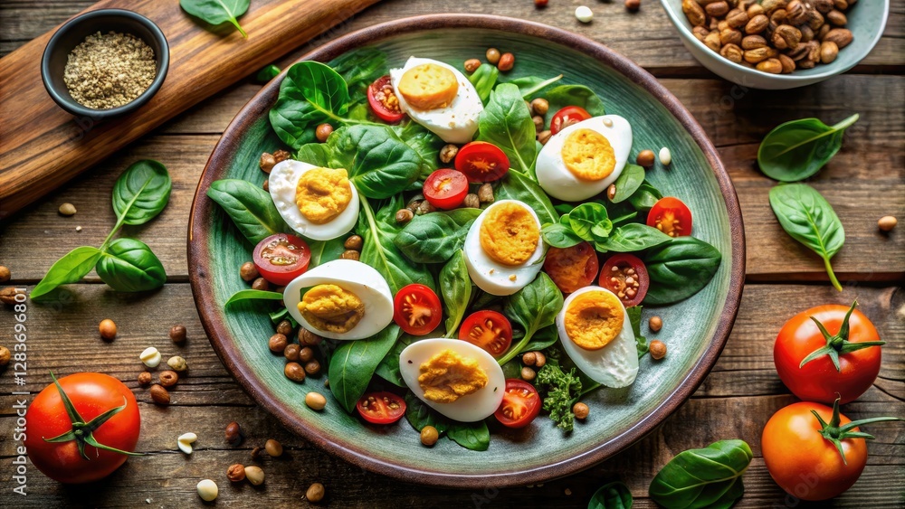 Enjoy a retro healthy breakfast: perfectly boiled eggs paired with spinach, nuts, and vibrant fresh produce. Enjoy a retro healthy breakfast: perfectly boiled eggs paired with spinach, nuts, and vibrant fresh produce.