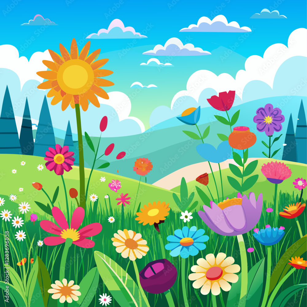 Cartoon Meadow with Colorful Flowers


