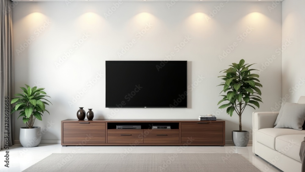 Minimalist modern living room with sleek TV console and neutral decor Minimalist modern living room with sleek TV console and neutral decor
