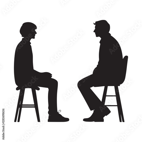 Two people seated in conversation, profile view
