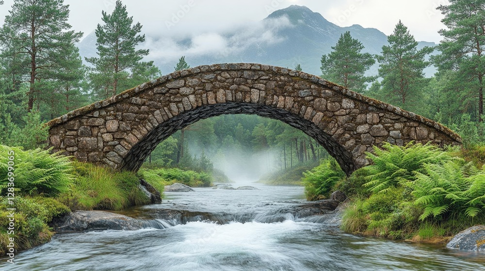 Stone Arch Bridge Over Misty Mountain Stream Stone Arch Bridge Over Misty Mountain Stream
