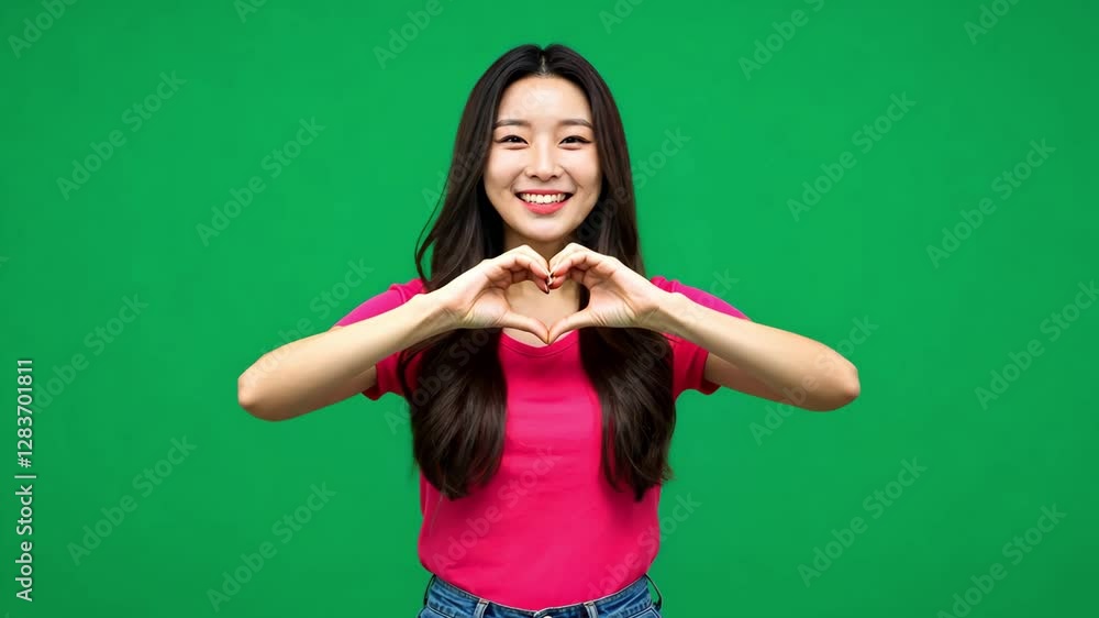 A cheerful woman forming a heart shape with her fingers while smiling warmly A cheerful woman forming a heart shape with her fingers while smiling warmly