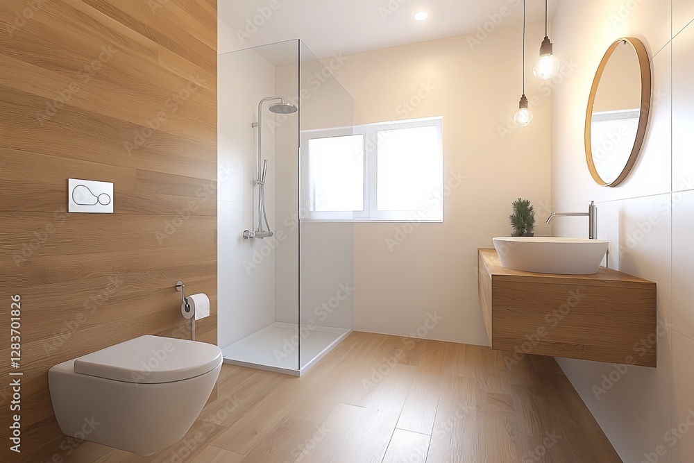 A sleek, modern minimalist bathroom. Generative AI A sleek, modern minimalist bathroom. Generative AI
