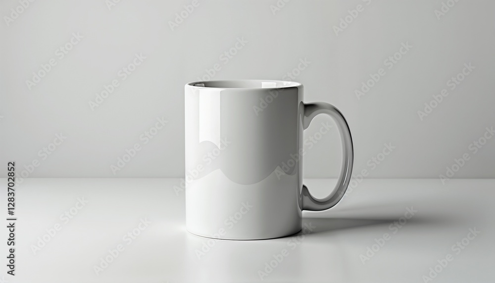 Obraz premium Minimalist white coffee mug with a glossy finish on a clean surface for branding or design mockups