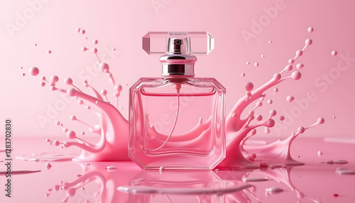Perfume bottle splashing pink liquid on pink background © AlenaSi