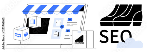 Open laptop displaying an online store with various products, boxes, and a storefront awning. SEO and commerce icons. Ideal for e-commerce, SEO, marketing, digital strategy, online sales user