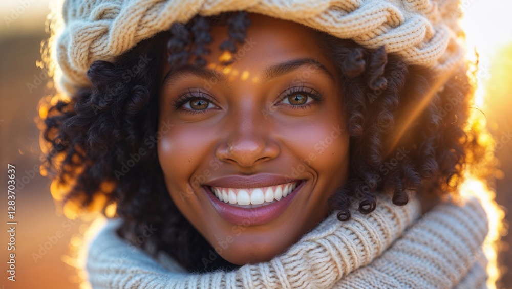 Close-up of a smiling woman in winter attire enjoying the golden hour sunlight outdoors. Close-up of a smiling woman in winter attire enjoying the golden hour sunlight outdoors.