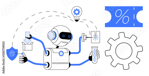 Robot handling lab flask, packaging, gear, shield, and light bulb with dotted lines. Ideal for automation, robotics, e-commerce technology innovation security engineering. Abstract line flat