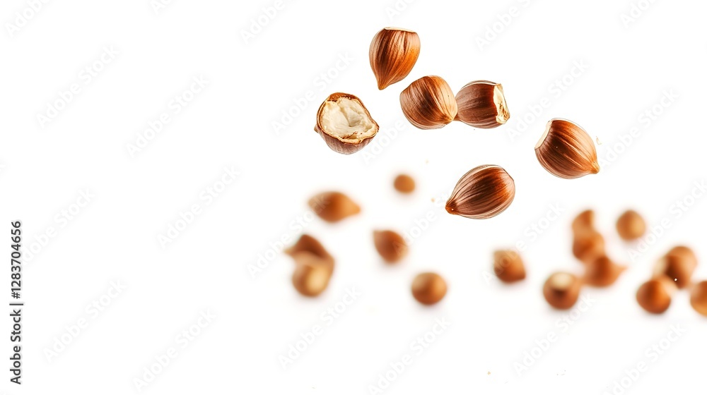 Falling hazelnuts isolated on a white background, studio shot, soft lighting, high-quality photo, with copy space available. Falling hazelnuts isolated on a white background, studio shot, soft lighting, high-quality photo, with copy space available.