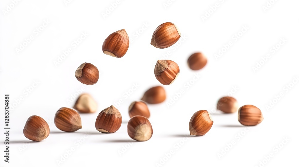 Falling hazelnuts isolated on a white background, studio shot, soft lighting, high-quality photo, with copy space available. Falling hazelnuts isolated on a white background, studio shot, soft lighting, high-quality photo, with copy space available.