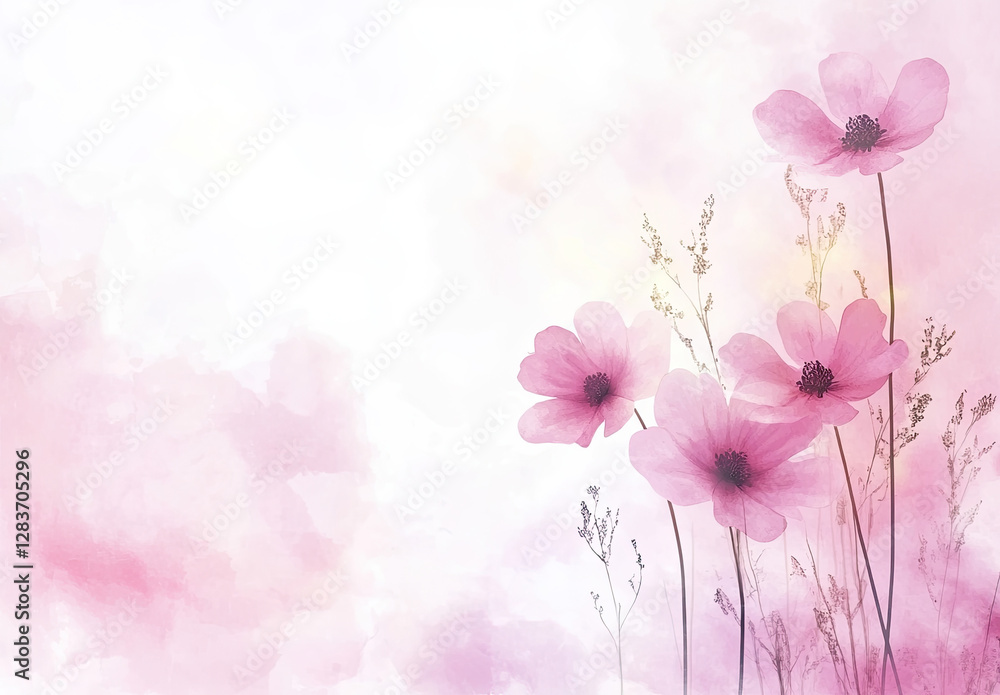 Fototapeta premium A soft, pastel illustration of pink flowers against a light background, evoking tranquility.