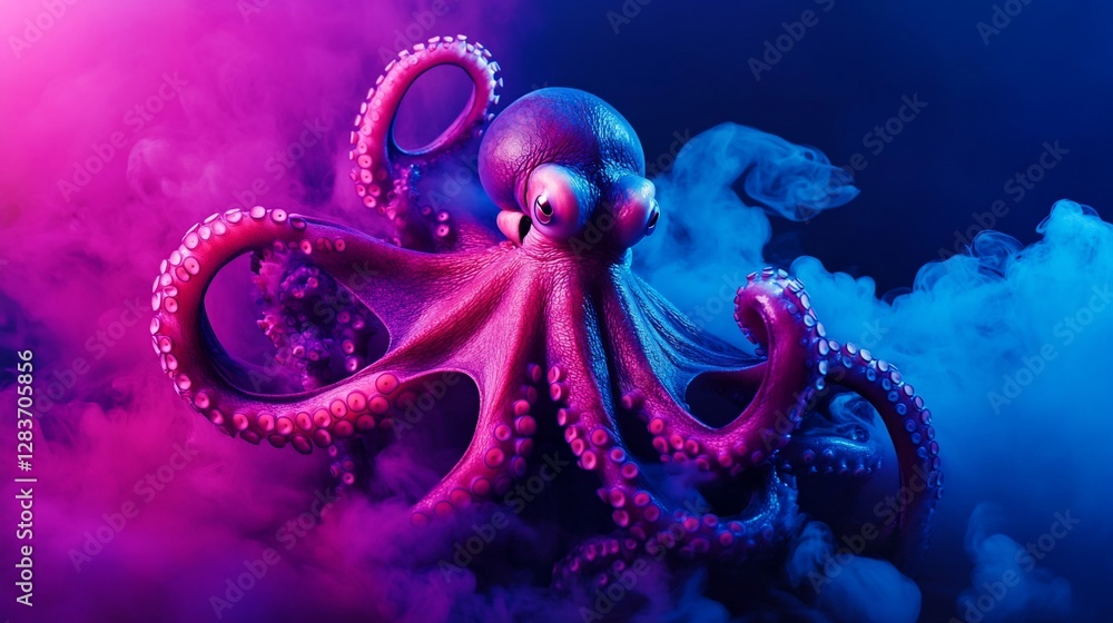 Fototapeta premium Pink octopus in vibrant neon pink and blue smoke.