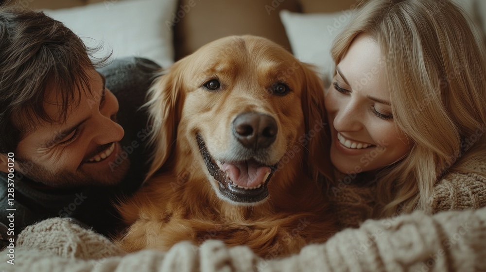 Laughter fills the air as a happy couple enjoys quality time together with their golden retriever. Wrapped in blankets, they share love and joy in a warm home atmosphere Laughter fills the air as a happy couple enjoys quality time together with their golden retriever. Wrapped in blankets, they share love and joy in a warm home atmosphere