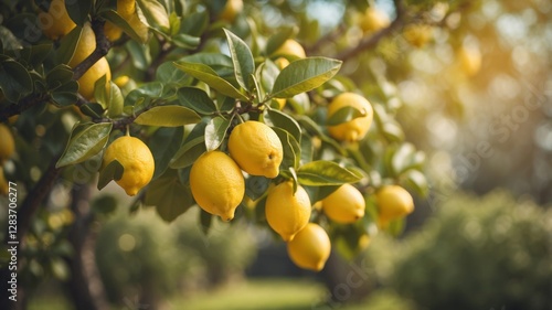 Abundant lemons ripen on tree branches, illuminated by warm sunlight in a flourishing garden.