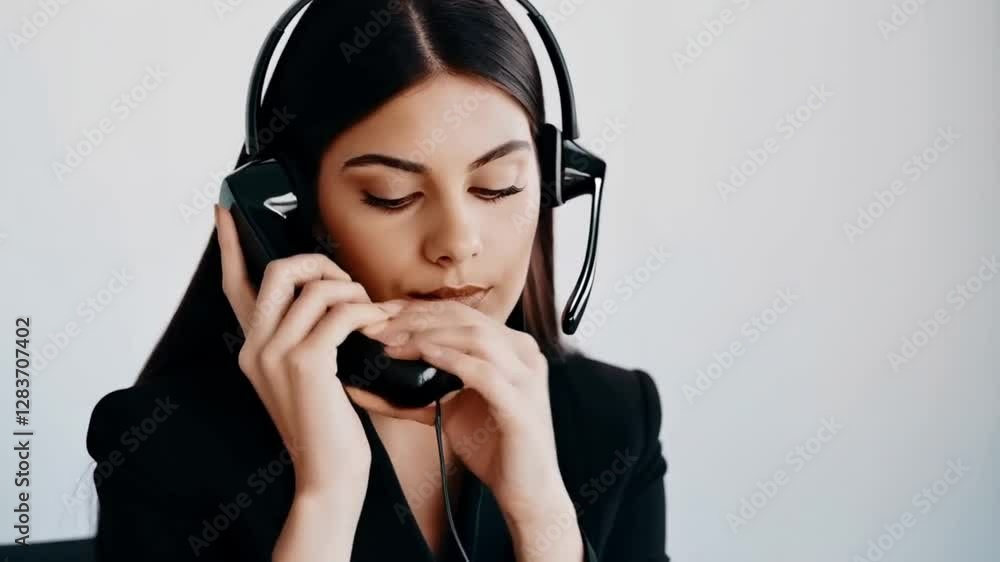 A smiling businesswoman wearing headphones in an office setting holding a phone on a white background A smiling businesswoman wearing headphones in an office setting holding a phone on a white background