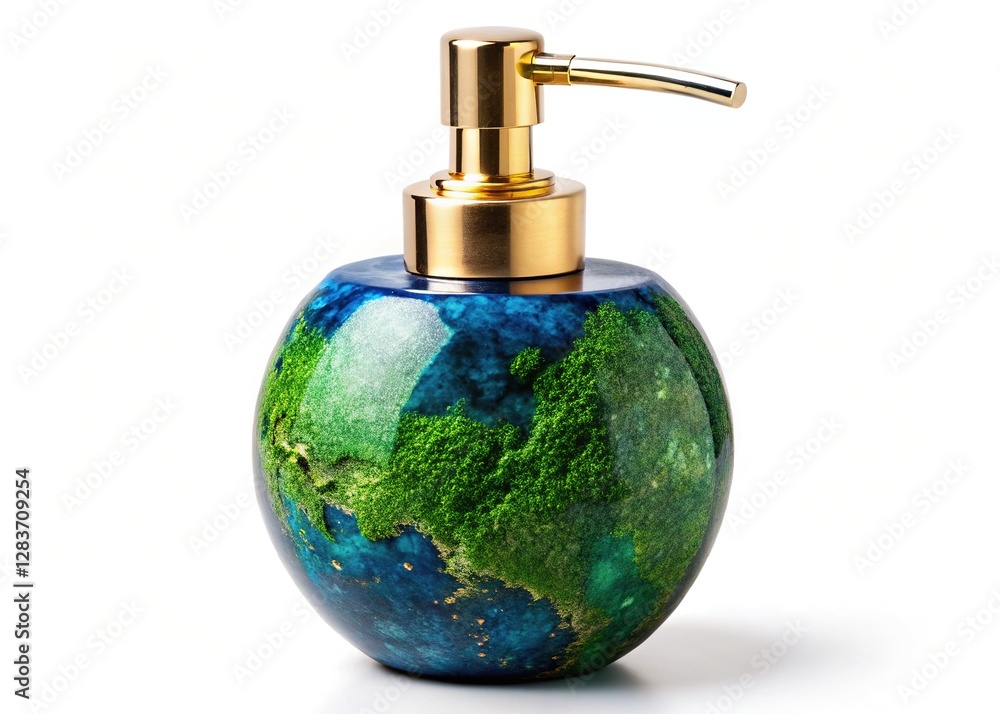 Fototapeta premium Bathroom Cleaner Dispenser with Sunlight Glow and Mossy Stone